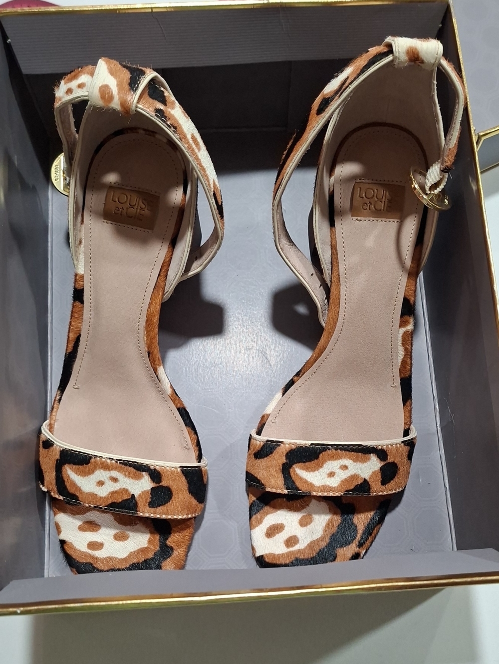 Louise et Cie Leopard Print Ankle Strap Heels in Brown Black White